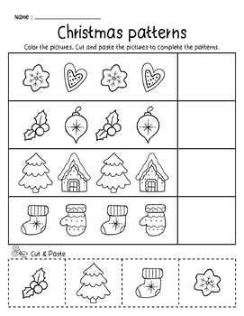 Christmas Winter Patterns Preschool Math Printables Worksheets Cut & Paste