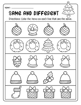 Christmas Winter Same and Different Preschool Practice Printable Sheets