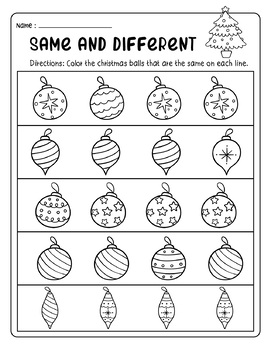 Christmas Winter Same and Different Preschool Practice Printable Sheets