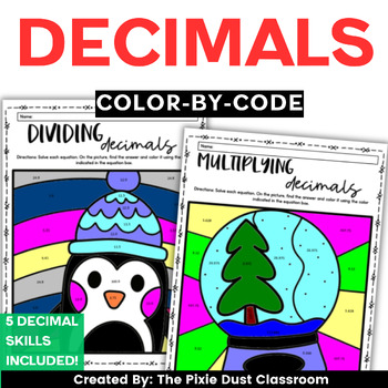 Preview of Christmas Winter-Themed Color-by-Code Decimals Review Activity 5th Grade Math