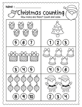 Christmas Winter number Counting 1-10 How many? Count and Color Worksheets