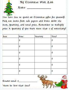 Preview of Christmas Wish List Math Activity