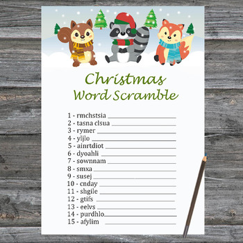 Christmas Word Scramble Game Printable,Woodland animals Christmas Activity