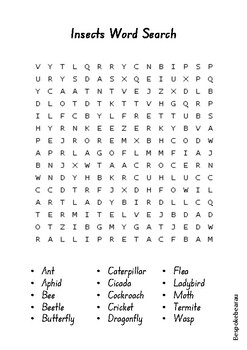 Insect Word Search by Bespokebearau | TPT