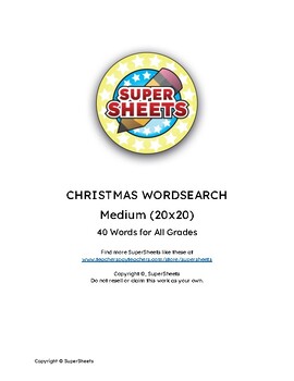 Preview of Christmas Wordsearch - 40 Words in 20x20 Square  -  Print Ready w/ Answer Key