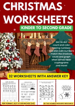 Preview of Christmas Worksheets for Kinder to Second Grade: 32 worksheets with answer key