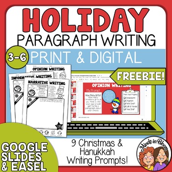 Preview of FREE Christmas and Hanukkah Paragraph Writing Prompts - Fun Holiday Activities!