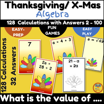Preview of Christmas and Thanksgiving Algebra Games for +-x÷½²√  Equations for Grades 4 - 6
