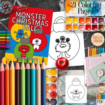 Preview of Christmas coloring activity. Printable Christmas ball monster ornaments