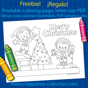 Preview of Christmas coloring page, printable, freebie, English & Spanish