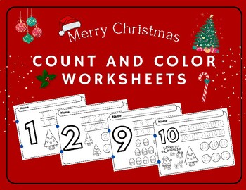 Preview of Christmas count and color number 1-10 worksheet