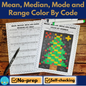 Preview of Mean, Median, Mode and Range Christmas Math Color by Code Activity