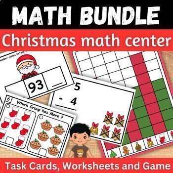 Preview of Christmas math missing number Task card I spy game Worksheet Activity bundle