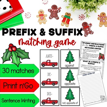 Preview of Christmas or Winter | Prefix & Suffix Matching Game | Sentence Writing