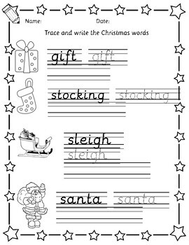 christmas phonics handwriting vocabulary worksheets