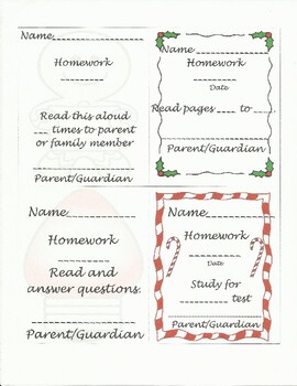 Preview of Christmas theme literacy homework tags with parent signature