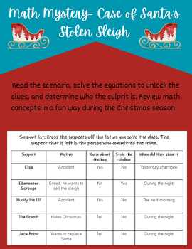 Preview of Christmas themed math mystery (Grade 5)- Case of Santa's Stolen Sleigh