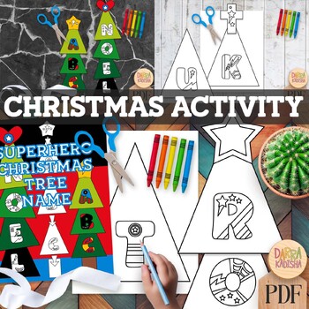 Preview of Christmas tree name card activity and craft - Superhero letters coloring