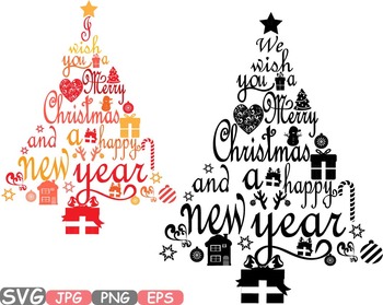 Preview of Christmas trees star Happy new Year Word Art letters calligraphy clipart -458s