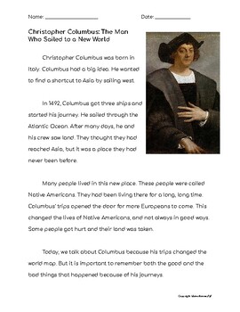 Preview of Christopher Columbus Biography Worksheet - Grade 1,HSS-1.2 & Common Core Aligned
