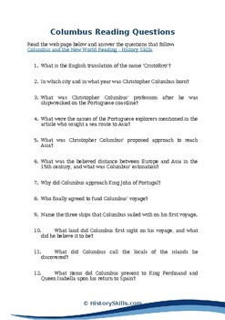 Preview of Christopher Columbus Reading Questions Worksheet