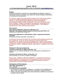 Preview of Chronological Resume Template (Español) with explanation(editable&fillable doc.)