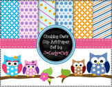 Chubby Owl Clipart Set-Digital Paper,Borders,Backgrounds, 