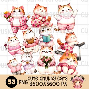 Preview of Chubby Watercolor Cute Cats Clip Art | Funny Kitten Characters