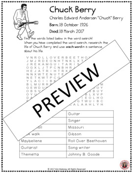 Preview of CHUCK BERRY Music Word Search and Biography Research Activity Worksheets