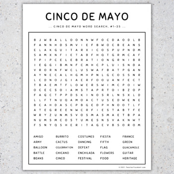 Cinco De Mayo: Word Search, Puzzle Worksheet Activity by TeacherYouWant