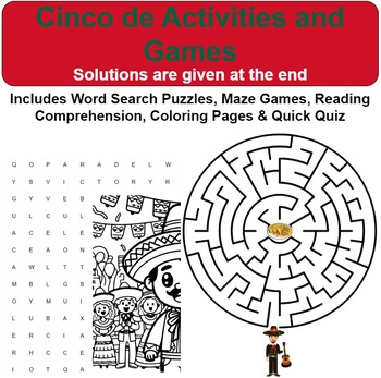 Preview of Cinco de Mayo Activities, Reading Comprehension, Quiz, Games & Puzzles: No Prep