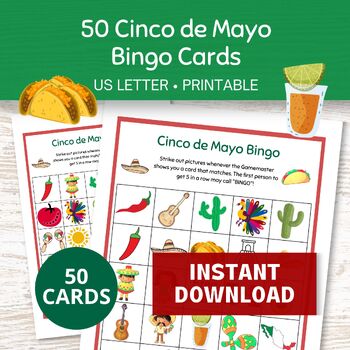 Preview of Cinco de Mayo Bingo Cards, 50 Printable Bingo Cards, Mexican-Themed Games