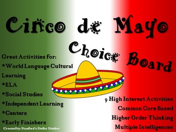 Preview of Cinco de Mayo Choice Board Activities Menu Project with Rubric Tic Tac Toe
