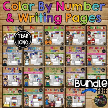 Preview of Spring Color by Number and Writing Pages BUNDLE Holidays Seasons