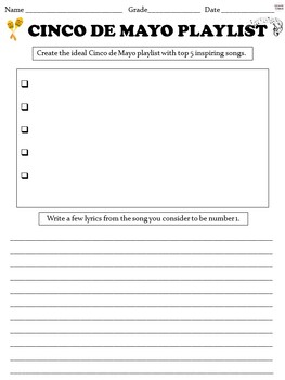Preview of Cinco de Mayo Fun Activity - Holiday Playlist Writing NO PREP Creative Worksheet