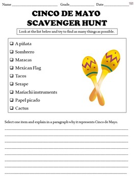 Preview of Cinco de Mayo Fun Activity - Holiday Scavenger Hunt NO PREP Creative Worksheet