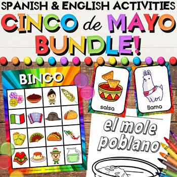 Preview of Cinco de Mayo Growing Bundle - English & Spanish Activities, Bingo, Coloring