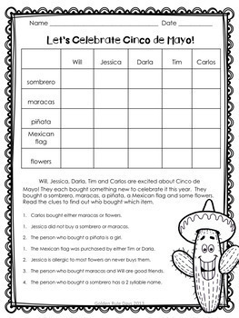 1 free thinking grade for critical worksheets Logic Cinco & Puzzles! Critical de Mexico Themed Mayo