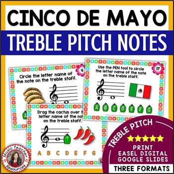 Preview of Cinco de Mayo Music Activities - Treble Clef Notes Worksheets & Task Cards