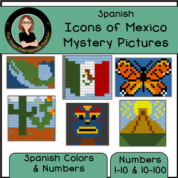 Preview of Spanish MEXICO Mystery Pictures Color By Number Icons of México NO PREP lessons