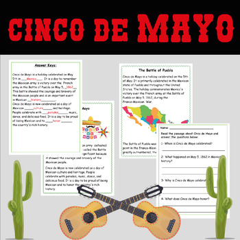 Preview of Cinco de Mayo Reading Comprehension Worksheet | All About Cinco de Mayo