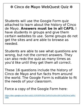 Preview of Cinco de Mayo WebQuest Google Form Quiz