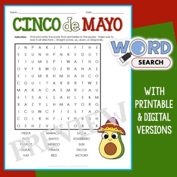 Easy Cinco De Mayo Word Search Puzzle Vocabulary Activity Sheet 1st 2nd 
