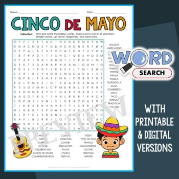 Preview of Hard Cinco de Mayo Word Search Puzzle Worksheet 4th 5th Grade Vocabulary