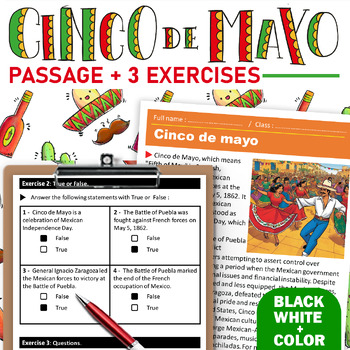 Preview of Cinco de mayo Reading Comprehension in both black/white and color 11-12 grade