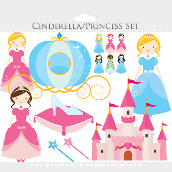 Preview of Cinderella clipart - princesses clipart, castle, glass slipper, pumpkin carriage
