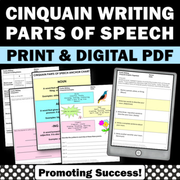 Preview of Poetry Writing Unit Cinquain Poem Parts of Speech Graphic Organizer Rubric