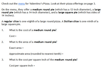 Preview of Circle Pizza Problem (for Geometry with some Algebra 1 review)