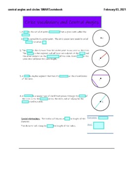 Preview of Circle Vocabulary and Central Angles Notes SMART File