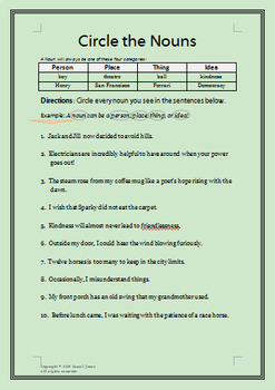 circle the nouns easy grade worksheet w answer key